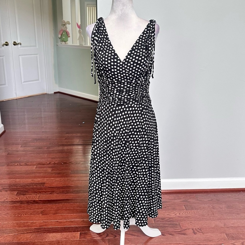 Scarlett Black White Polka Dot Cinched Feminine Plunge Cocktail Summer Dress